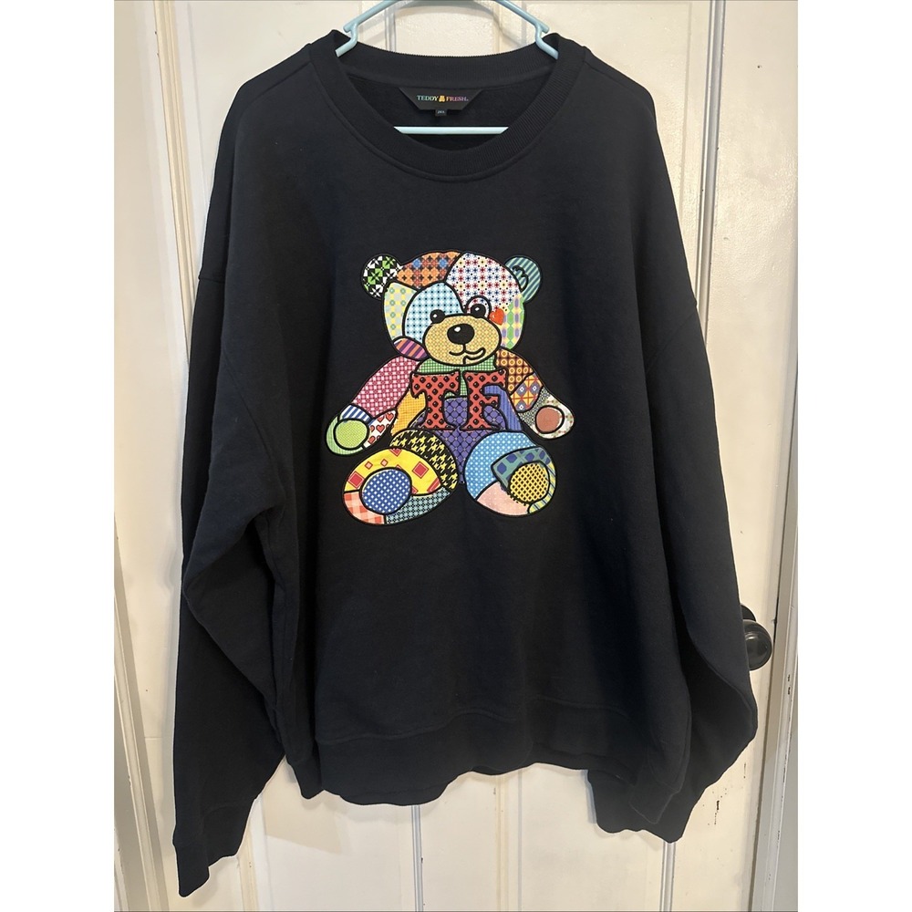 Teddy Fresh Mens 2XL Quilted Black Bear TF Graphic Knit Crewneck Pullover‎ Y2K